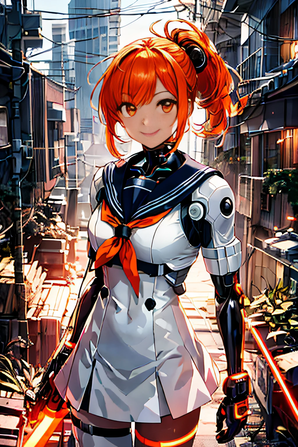 Cybernetic arm and glowing cyber girl,(J Women's Uniform,a sailor suit,White skirt,)Stand on a post-apocalyptic battlefield cityscape.Surrounded by a network of wires. Surrounded by a web of circuits. (Cyber Girl with Orange Glowing Sword:1.3), Glossy light brown and orange striped shorthair,disheveled ponytail,Cute smile,Perfect round face,Black eyes,A cheerful smile that makes the viewer happy,Proper body proportion,Intricate details,Very delicate and beautiful hair,photos realistic,Dreamy,Professional Lighting,realistic shadow,Solo Focus,Beautiful hands,Beautiful fingers,Detailed finger features,detailed clothes features,Detailed hair features,detailed facial features,(masutepiece,top-quality,Ultra-high resolution output image,) ,(The 8k quality,),(Image Mode Ultra HD,),(Image Mode Ultra HD,),(SeaArt2 Mode.1:1.3),Science fiction fantasy