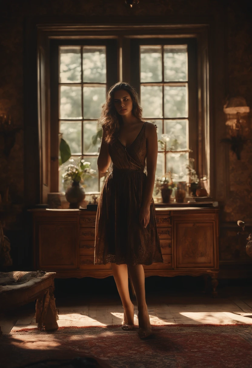 best quality,4k,8k,highres,masterpiece:1.2,ultra-detailed,realistic:1.37,portrait,dark,gritty,moody,soft lighting,emotional,shadows,contrast,natural,subtle colors,defocused background,long brown hair,charismatic look,a tattoo on her shoulder,nervous expression,curious,expensive-looking bedroom,wooden floor,wallpaper with vintage patterns,full of antique furniture,dusty atmosphere,old books scattered on the floor,abandoned toys,sunlight streaming through the window,old painting on the wall,cracks on the ceiling,red curtains,raw emotions,twisted family secrets,hidden sadness,unspoken regrets.