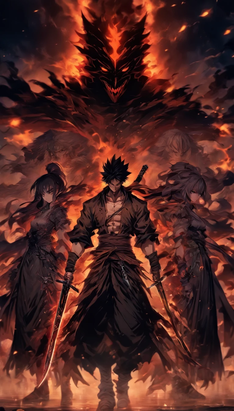 A cunning and ruthless man holding two sharp daggers, facing two women with a strong and confident demeanor, surrounded by a dark and eerie atmosphere, ,32k, best quality, masterpiece, super detail, high details by Jidaimono Anime Style