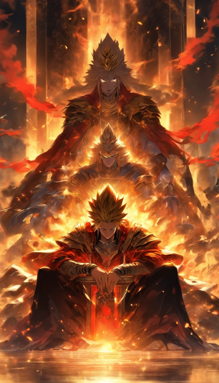 A solemn prince sitting on a throne, two rebellious individuals kneeling in front of him, bound by ropes, with a look of resistance on their faces, his subordinates standing by, ready to take action, a scene full of tension and authority.,32k, best quality, masterpiece, super detail, high details by Jidaimono Anime Style