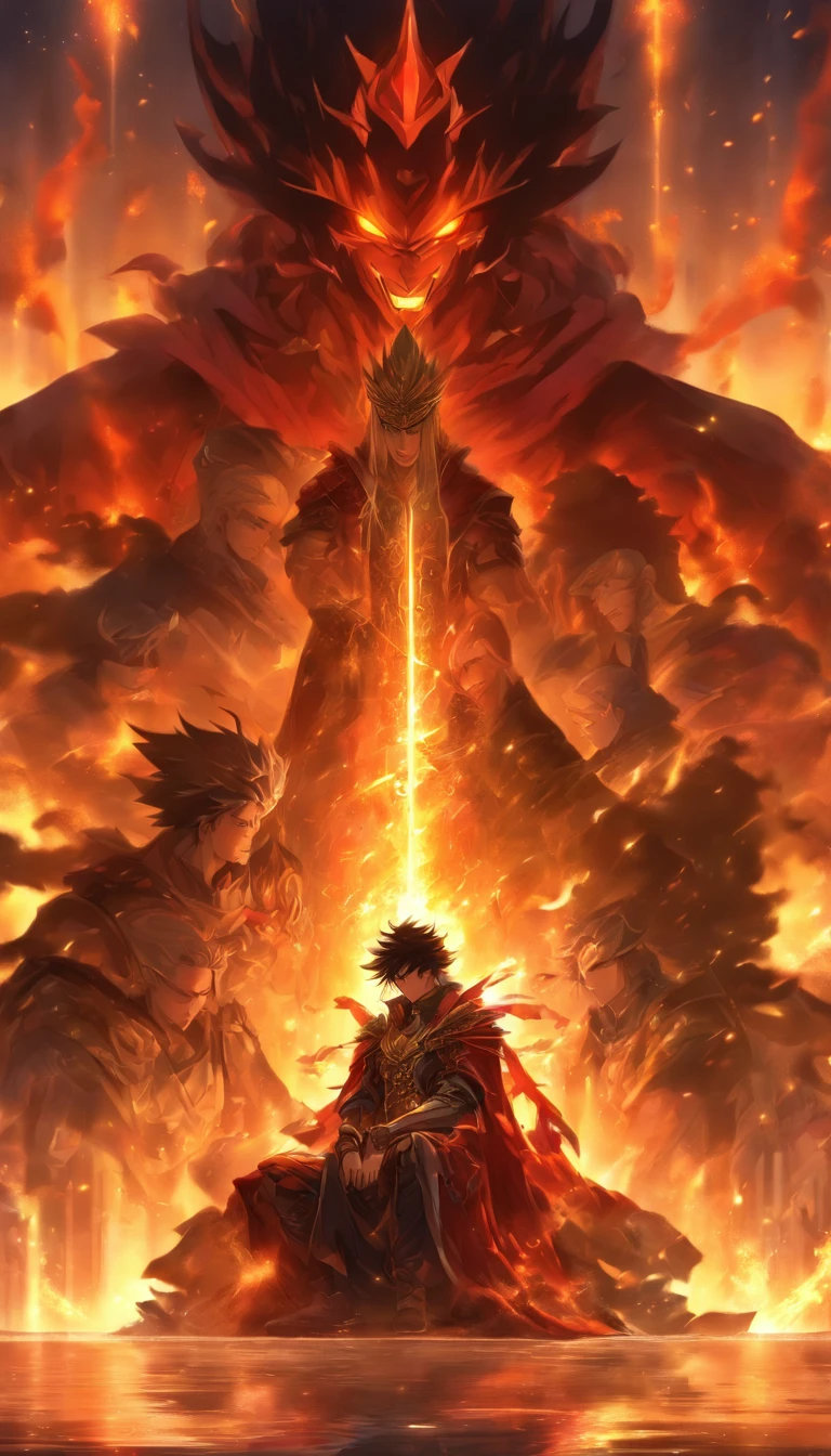 A solemn prince sitting on a throne, two rebellious individuals kneeling in front of him, bound by ropes, with a look of resistance on their faces, his subordinates standing by, ready to take action, a scene full of tension and authority.,32k, best quality, masterpiece, super detail, high details by Jidaimono Anime Style