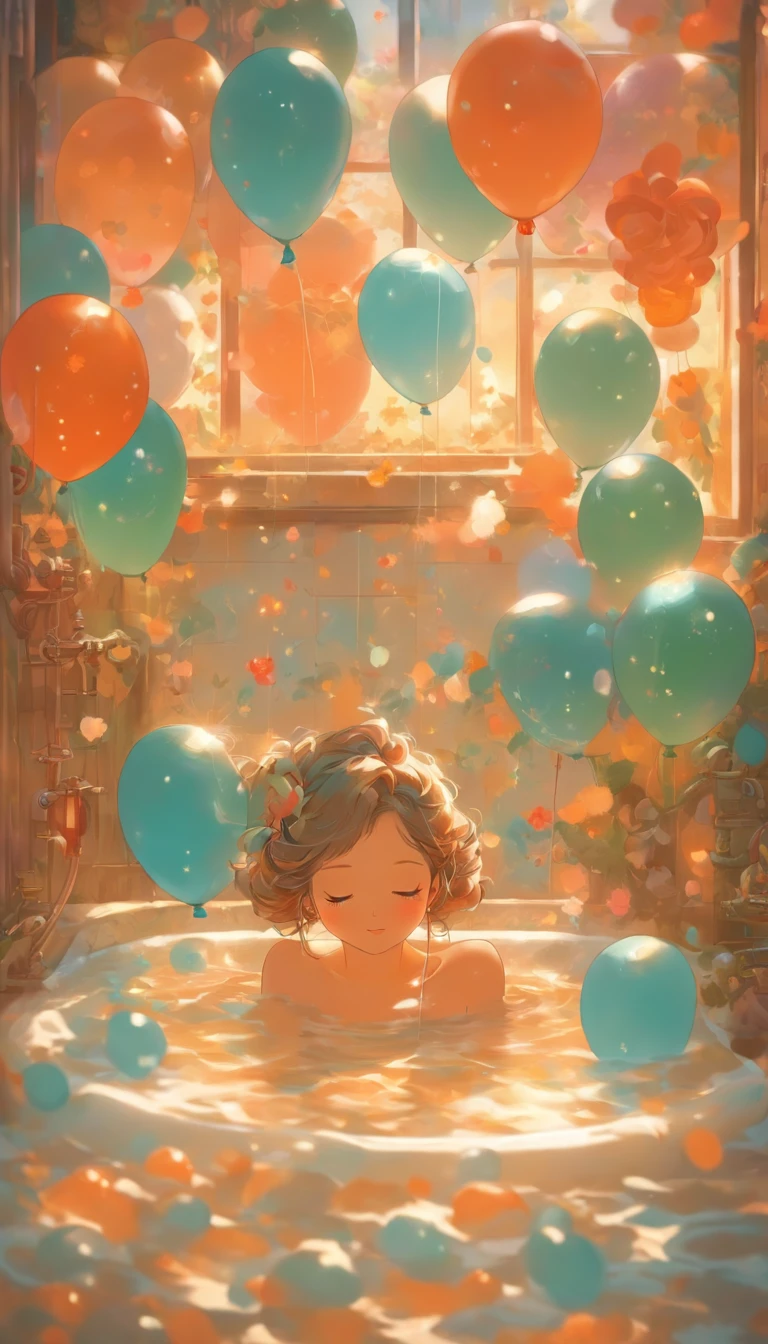A girl lies thoughtfully in a bathtub without water,In the bathroom,Japanese manga style,Girl on old-fashioned telephone calls,The girl has beautiful eyes,There are some Showa era cartoon illustrations on the walls,There was a guitar in the bathtub,There are some balloons floating in the air,dream magical,Japanese healing system