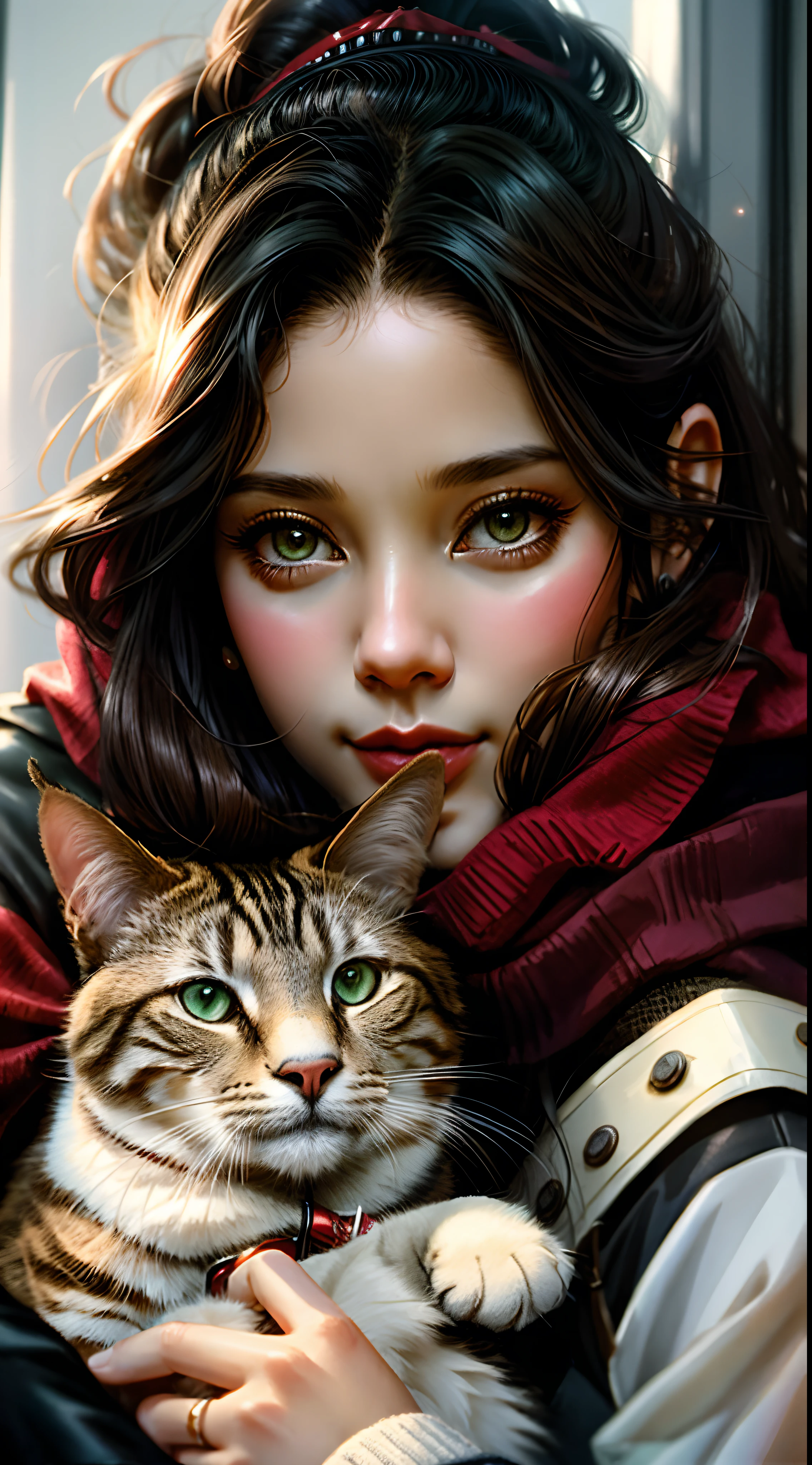 Woman in red scarf holding a cat in front of her face, mulher e gato, Magali Villeneuve», arte realista, menina gato atraente, Graphic artist Magali Villeneuve, vestido com um belo manto vermelho, Woman / cat hybrid, arte digital realista, muito bonita gatinha fofa, Wadim Kashin. ultra realistic, retrato muito bonito, beautiful portrait