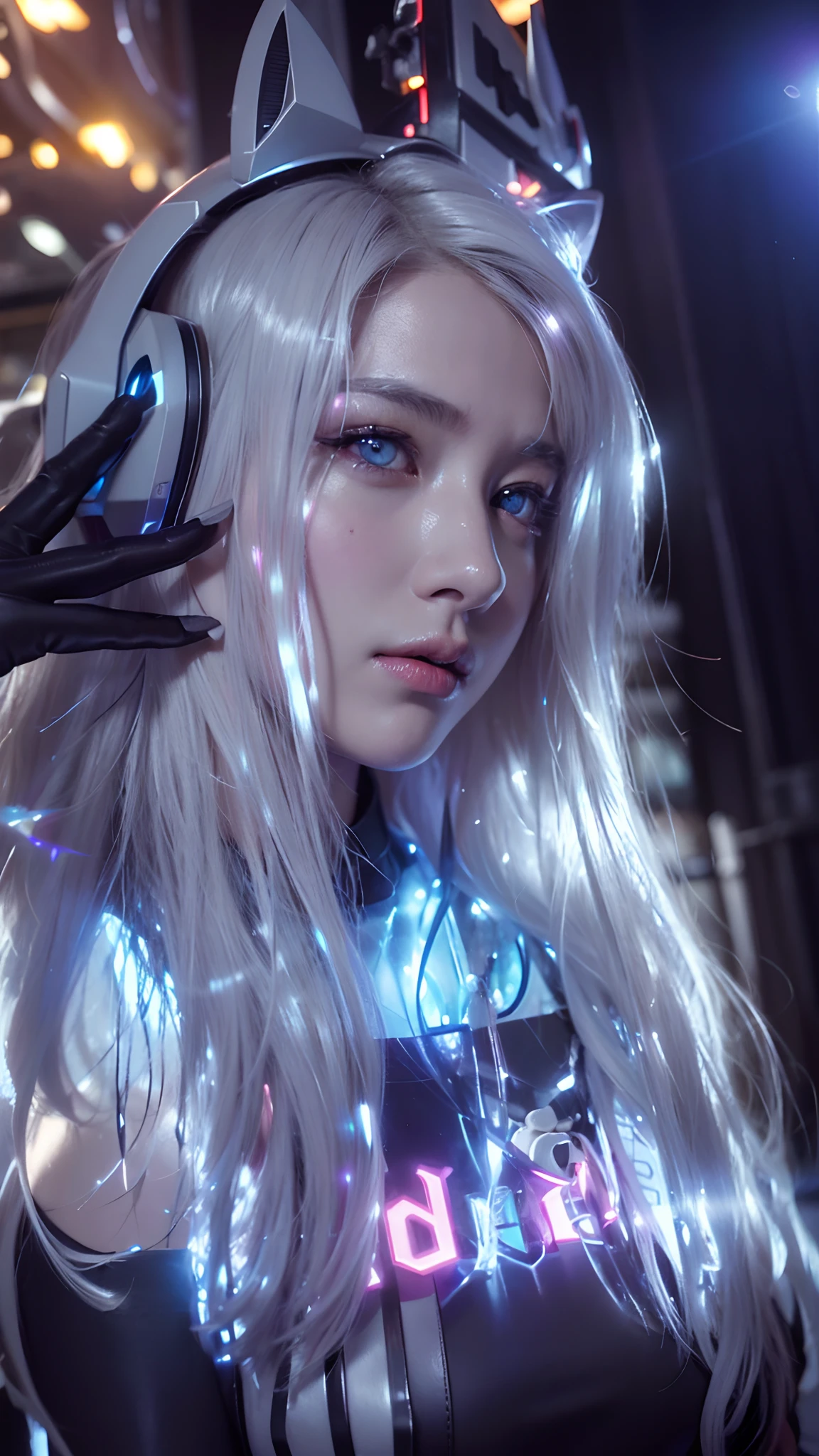 top-quality、​masterpiece、超A high resolution、(Photorealsitic:1.4)、Raw photo、Battle Cyborg Angel、large wings made of metal、White porcelain body、Acrylic Clear Cover、white  hair、glowy skin、1 Cyborg Girl、((super realistic details))、portlate、globalillumination、Shadow、octan render、8K、ultrasharp、character edge light,Colossal tits、Raw skin is exposed in cleavage、Details of complex ornaments、Double Zeta Gundam details、Hydraulic cylinder、Small LED lamp、highly intricate detail、Realistic light、a purple eye、radiant eyes、Facing the camera、neon details、cowboy  shot、Futuristic headgear、About Cyberpunk、、