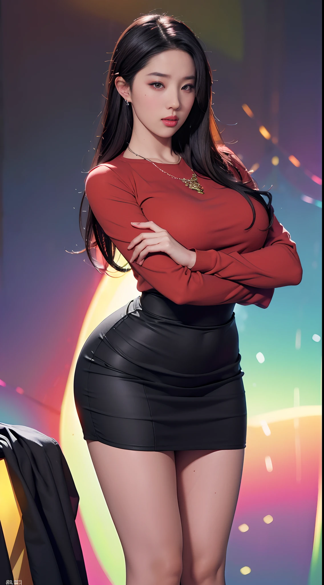 at office in background,looking at viewer,depth of field, bokeh,light falling,((MILF))
1girl wearing an office outfit, red shirt, black skirt ,huge breasts,
brown eyes,(long hair, black hair, very straight hair:1.4, hime cut:1.4), earrings necklace,pout,
photography, masterpiece, best quality,HDR, highres,realistic details, glowing skin, mature figure, voluptuous body, voluptuous breasts, perfect body, wide hips, colorful, looking at viewer, Hyperrealistic, from the front, watercolor, traditional media, (chromatic aberration, intricate details), dynamic poses,dynamic angle,
40K, HDR, highres,