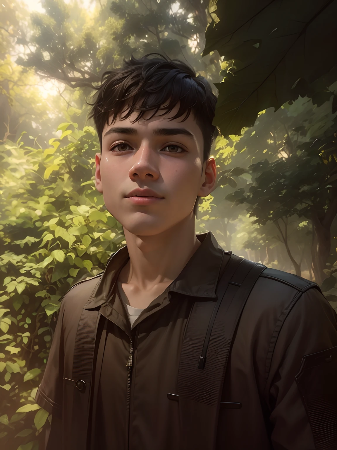8k, AI, cool  face like original photo, 16 year teenager young boy, ultra realistic face, deep in the wood