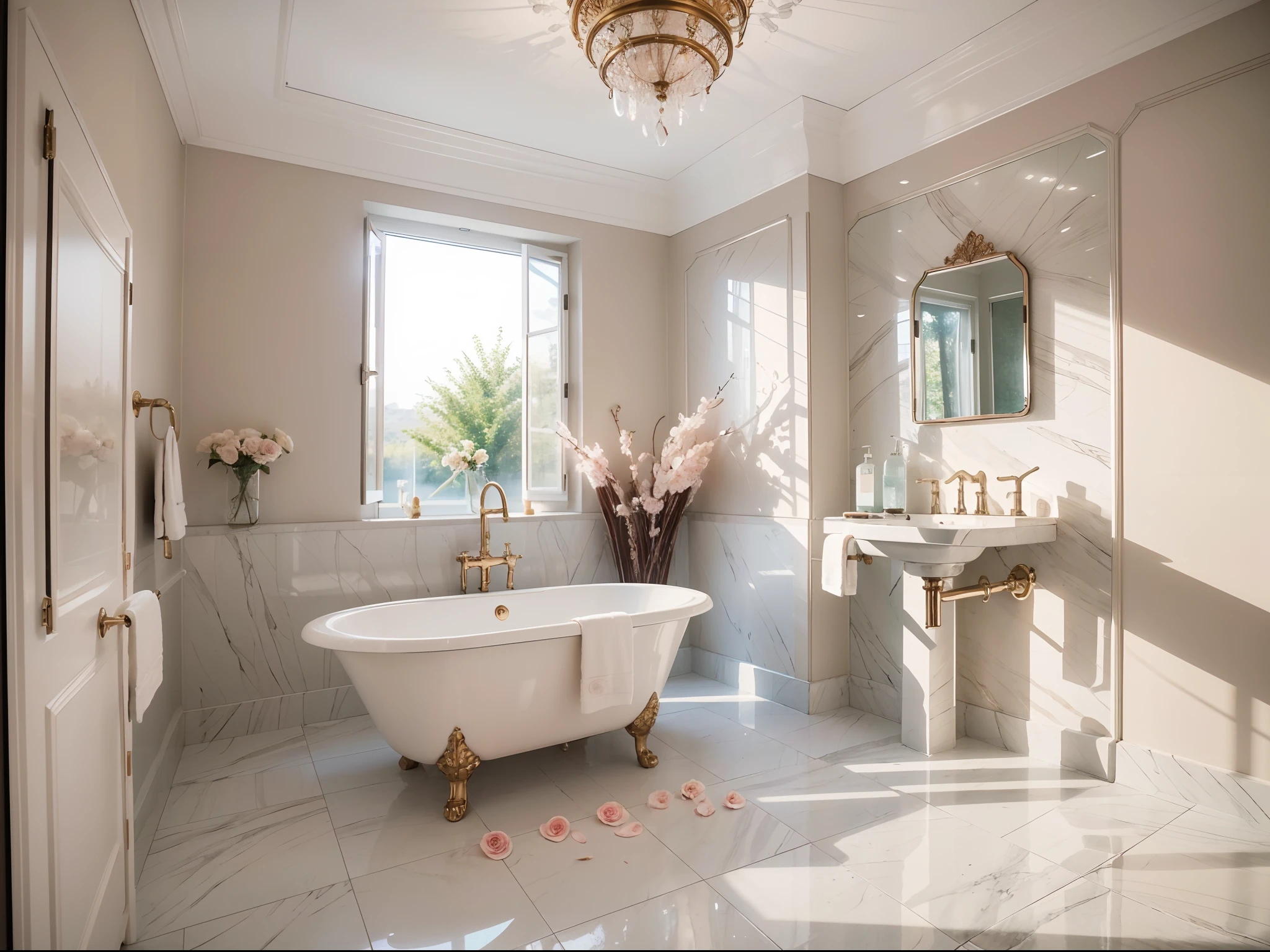 (best quality,4k,8k,highres,masterpiece:1.2),ultra-detailed,(realistic,photorealistic,photo-realistic:1.37),intricately carved toilet suite,breathtaking water flow in delicately designed faucets,captivating artwork behind the mirror radiating a crystal-like gleam,reflecting droplets of flowing water,turn the faucet gently to adjust temperature and water flow,powdery pink rose petals covering the floor like strolling through a dreamy floral paradise,fresh and romantic.
