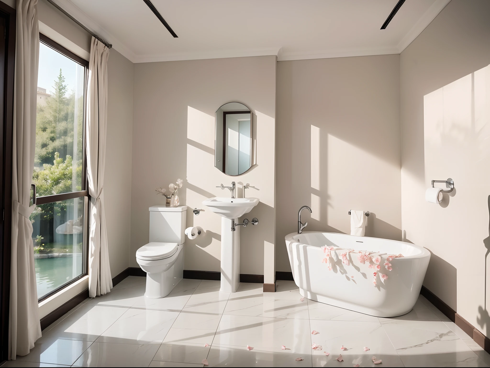 (best quality,4k,8k,highres,masterpiece:1.2),ultra-detailed,(realistic,photorealistic,photo-realistic:1.37),intricately carved toilet suite,breathtaking water flow in delicately designed faucets,captivating artwork behind the mirror radiating a crystal-like gleam,reflecting droplets of flowing water,turn the faucet gently to adjust temperature and water flow,powdery pink rose petals covering the floor like strolling through a dreamy floral paradise,fresh and romantic.