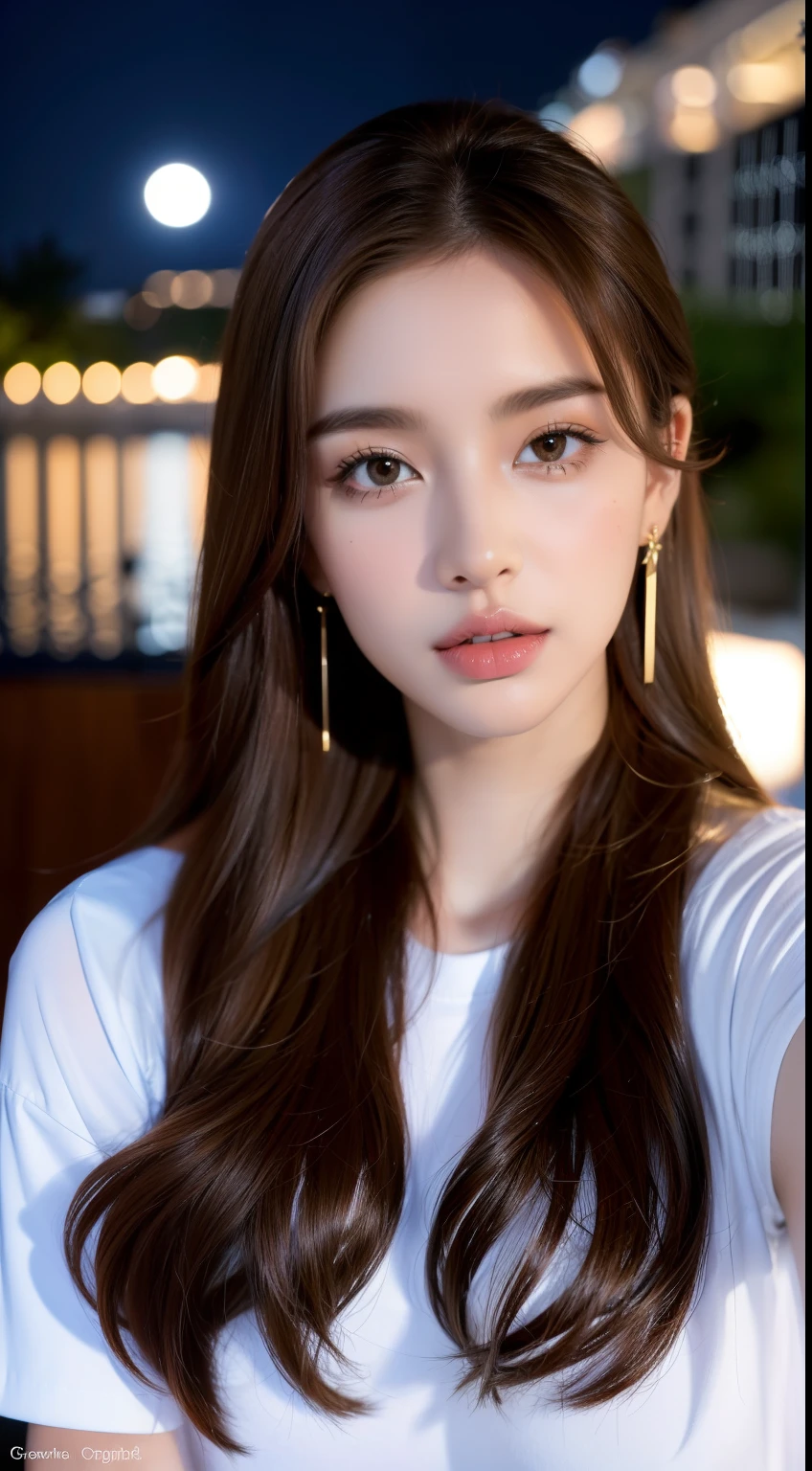 1girll, Blurry, Blurry_Background, brown_Eyes, brown_Hair, Depth_af_Field, Earrings, flower, full_Moon, Hair_flower, Hair_decorations, Lips, Looking_at_peeping at the viewer, Moon, Moonlight, Night, Night_sky, Outdoors, Red_Moon, sky, 独奏，Bigchest，full bodyesbian，self-shot，White shirt for men