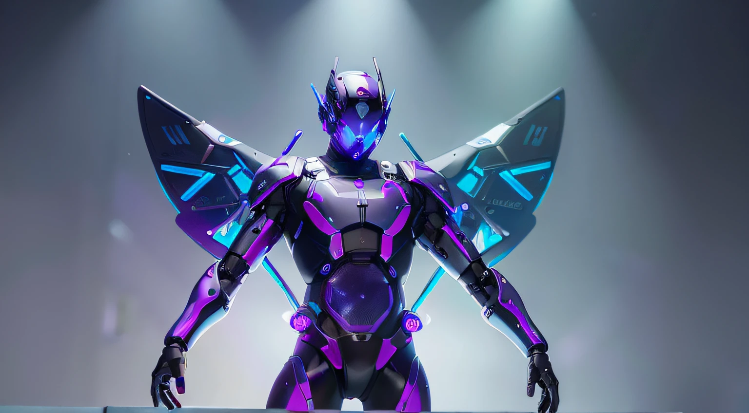 MALE. MAN. MAN. MALE..wings leds, divine paradise. neon blue and Purple butterfly wings leds. heavenly illumination. God. Holy robotic. levitating. Position of god. Deitado na cama. strong, robust and masculine body. fat arms. Position of divinity. Floating. divine statue, pedestal, holy pedestal. levitating. masterpiece, best quality, a close up of a futuristic looking cyborg man with a fantastic cyber helmet head with blue and Purple triangle led lights and a halo, full body, dancing. dance. synthwave ballad. silver pants. wearing a blue and Purple techwear jacket, white church in background. jump, full body, robotic legs. divine statue, pedestal, holy pedestal. neon blue and Purple butterfly wings leds. MASCULINE. MALE
