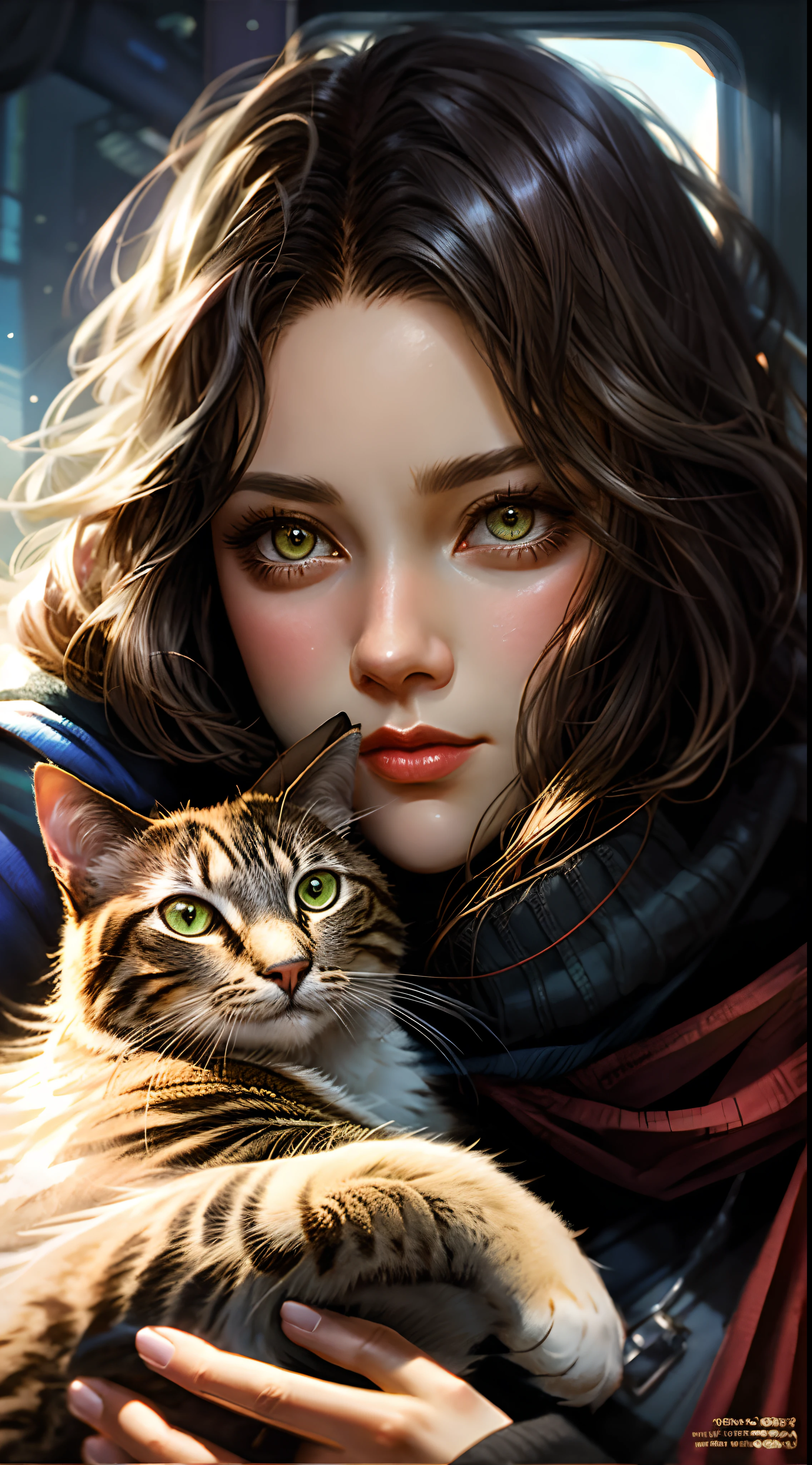 Woman in red scarf holding a cat in front of her face, mulher e gato, Magali Villeneuve», Arte realista, gato atraente, Graphic artist Magali Villeneuve, vestido com um belo manto vermelho, Woman / cat hybrid, Arte digital realista, muito bonita gatinha fofa, Wadim Kashin. ultra realistic, retrato muito bonito, beautiful portrait