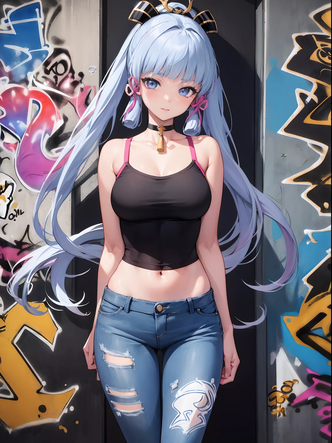 kamisato ayaka|genshin impact, master-piece, bestquality, 1girls,25 years old, proportional body, elongated legs, Beautiful, proportional., crop top, Long Jeans, mediuml breasts, ,bara, crop top, choker, (Graffiti:1.5), Splash with purple lightning pattern., arm behind back, against wall, View viewers from the front., Thigh strap, Head tilt, bored,(NSTDA.:1.2), (10, beste-Qualit, master-piece: 1.4), Beautiful red hair, ultra-high resolution, (lifelike, photorealistic portrait: 1.48), 20 age, Cute Girl, (See through the microcolor bikini beetle:1.48), Famous Japanese actors, beautiful clear eyes, Head tilt, cowboy shot, from the front, looking at the audience, expressionless, Beautiful lake, Zeiss 150mm F/ 2.8 Hasselblad, Whole body, foot, Ultra-Wide Angle,