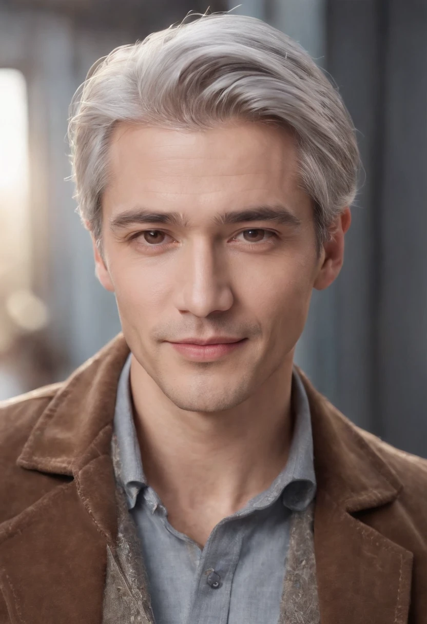 Portrait of handsome man 40 years old round face cinematic appearance、Silver hair、Brown jacket、White button-down shirt、kindly smile、Photography, Male perfection, Black eyes, Hyper realistic, 8K - V 4、50-year-old dandy gentleman、Gentle eyes、Gray hair、Looking straight ahead at the camera、Gentle expression
