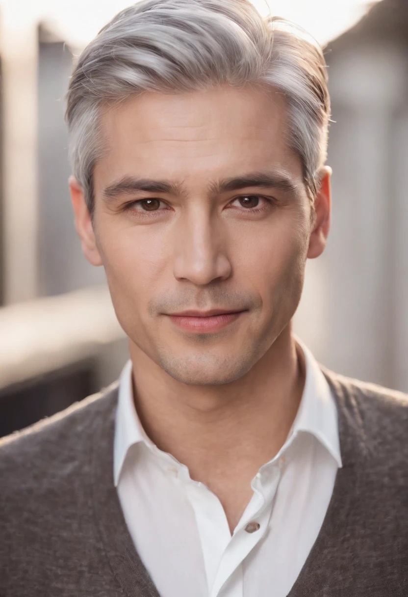 Portrait of handsome man 40 years old round face cinematic appearance、Silver hair、Brown jacket、White button-down shirt、kindly smile、Photography, Male perfection, Black eyes, Hyper realistic, 8K - V 4、50-year-old dandy gentleman、Gentle eyes、Gray hair、Looking straight ahead at the camera、Gentle expression