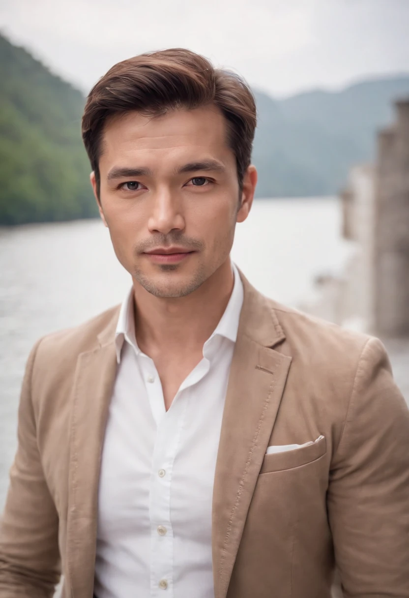 Portrait of handsome man 40 years old round face cinematic appearance、White shirt and jacket、Looking straight ahead at the camera、Gentle expression、Gentle eyes、Brown jacket