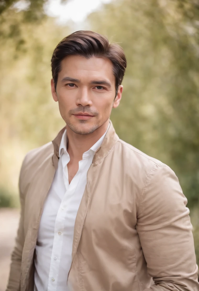 Portrait of handsome man 40 years old round face cinematic appearance、White shirt and jacket、Looking straight ahead at the camera、Gentle expression、Gentle eyes、Brown jacket