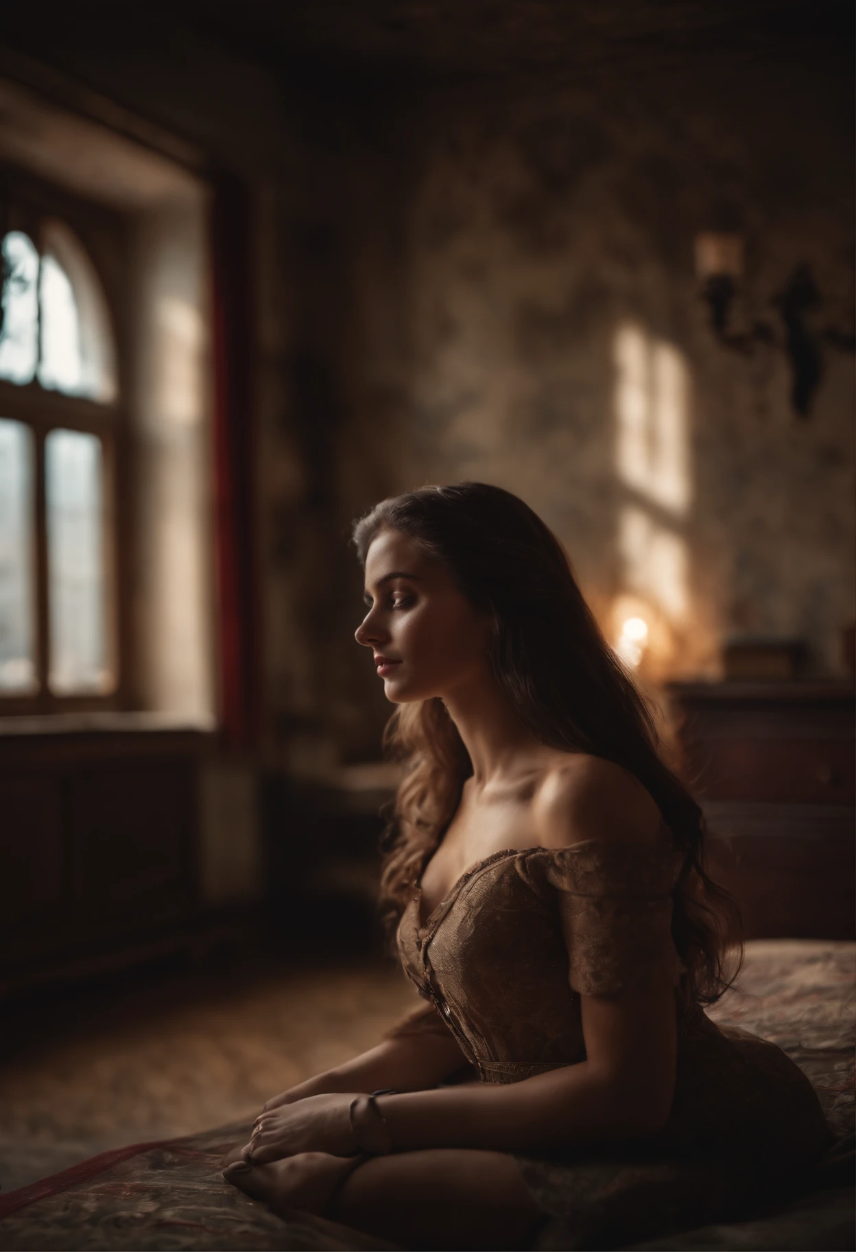 best quality,4k,8k,highres,masterpiece:1.2,ultra-detailed,realistic:1.37,portrait,dark,gritty,moody,soft lighting,emotional,shadows,contrast,natural,subtle colors,defocused background,long brown hair,charismatic look,a tattoo on her shoulder,nervous expression,curious,expensive-looking bedroom,wooden floor,wallpaper with vintage patterns,full of antique furniture,dusty atmosphere,old books scattered on the floor,abandoned toys,sunlight streaming through the window,old painting on the wall,cracks on the ceiling,red curtains,raw emotions,twisted family secrets,hidden sadness,unspoken regrets.