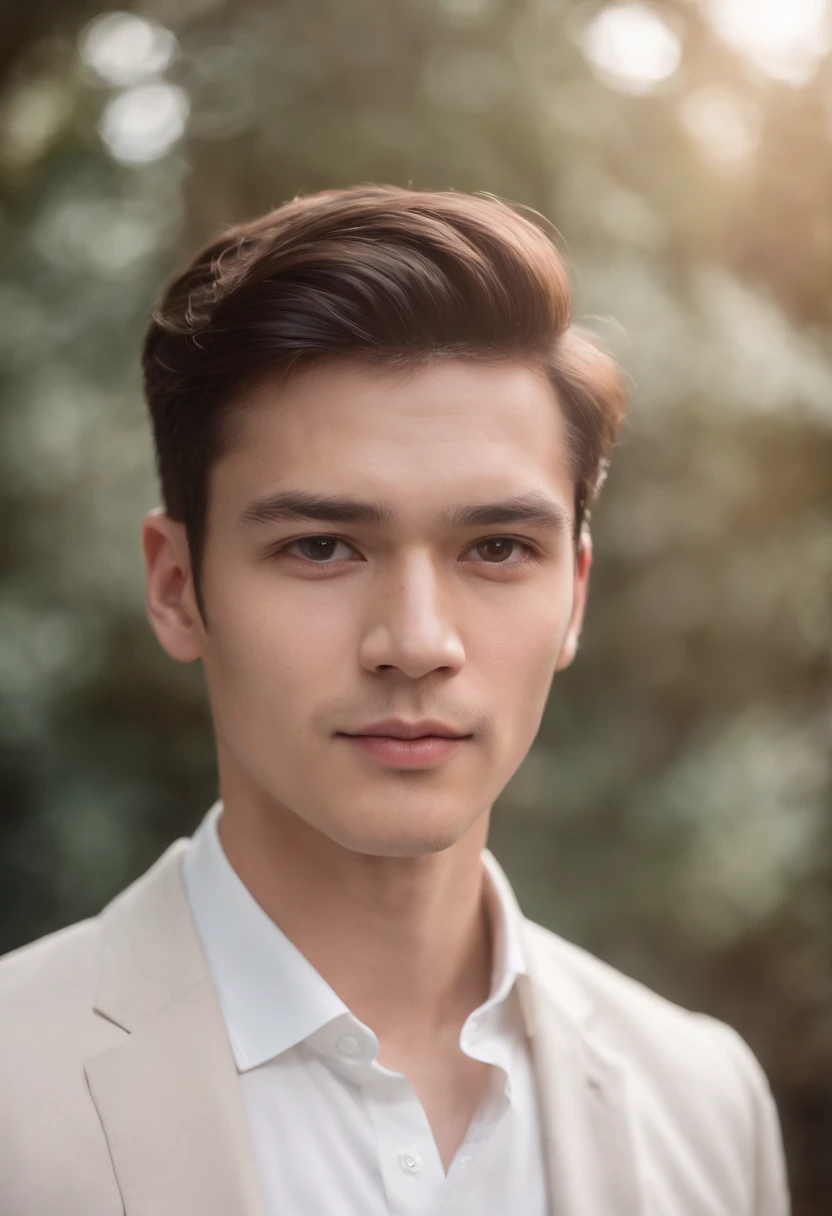 Portrait of handsome man 20 years old round face cinematic appearance、White shirt and jacket、Looking straight ahead at the camera