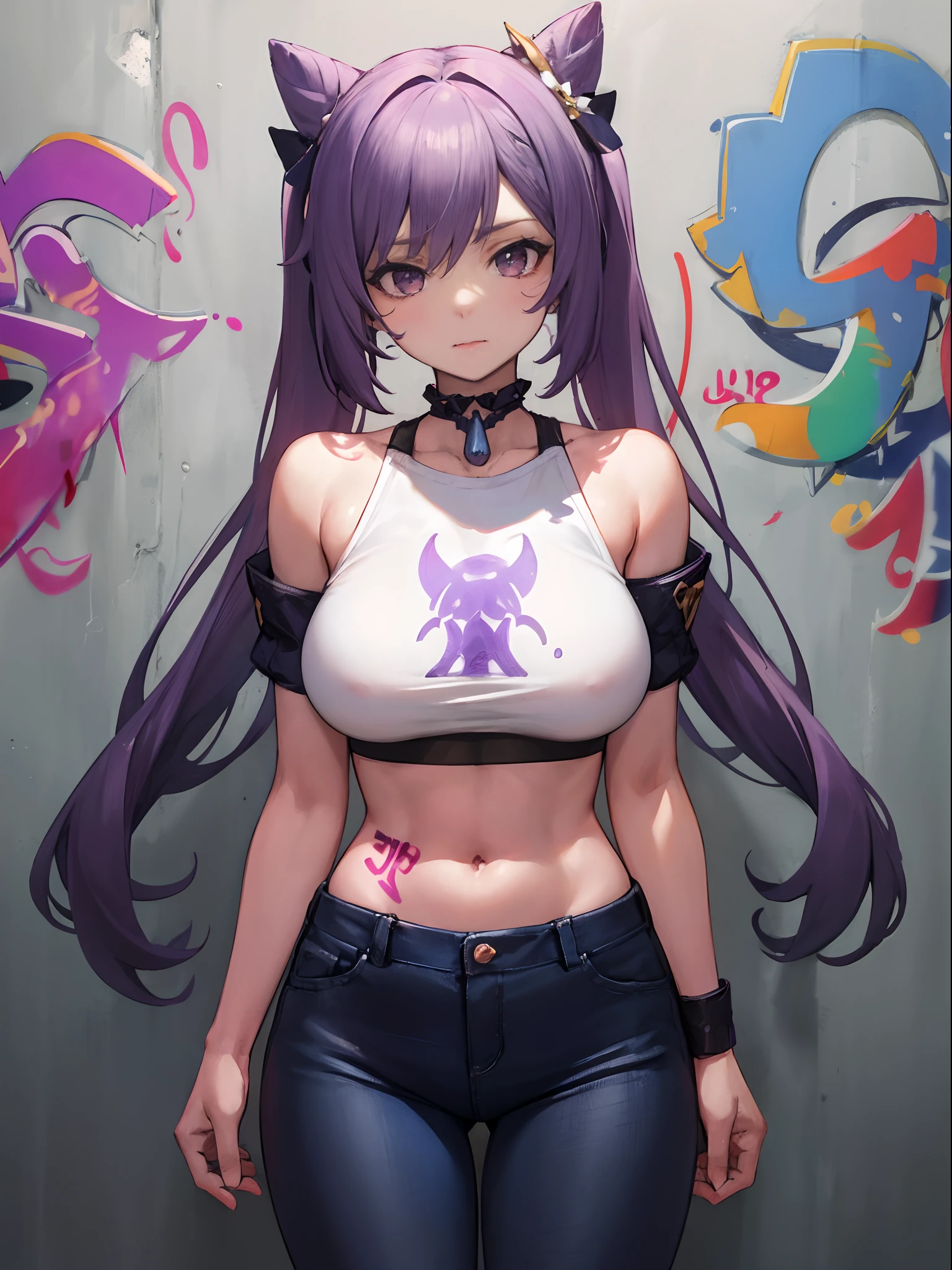 Keqing|Genshin Impact, master-piece, bestquality, 1girls,25 years old, proportional body, elongated legs, Beautiful, proportional., crop top, Long Jeans, gigantic breasts, ,bara, crop top, choker, (Graffiti:1.5), Splash with purple lightning pattern., arm behind back, against wall, View viewers from the front., Thigh strap, Head tilt, bored,