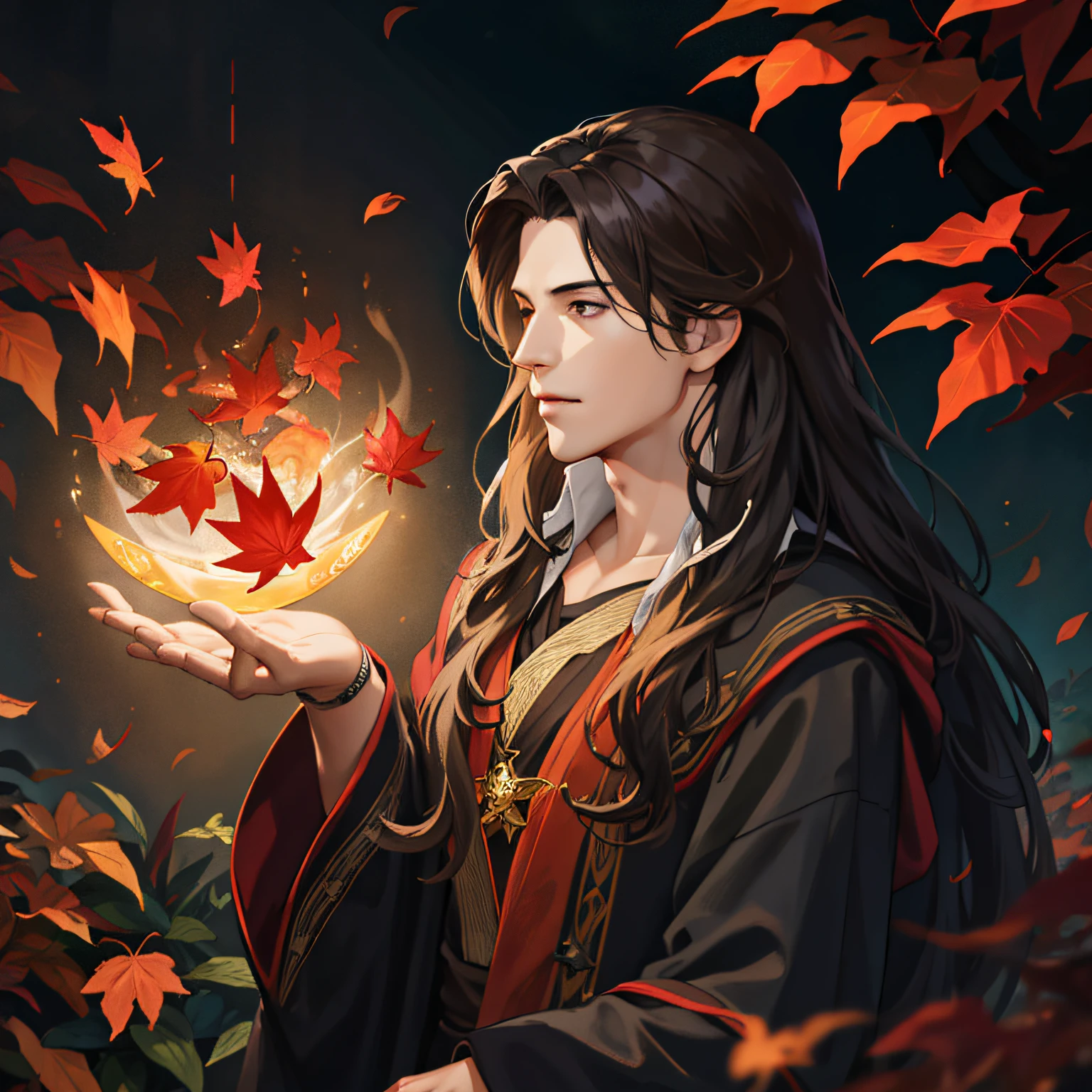 portrait, 1boy, fall leaves, long hair, wavy hair, realistic, dramatic lighting, wizard, spellcaster, magic mystic red aura, perfect, masterpiece, handsome, solo.