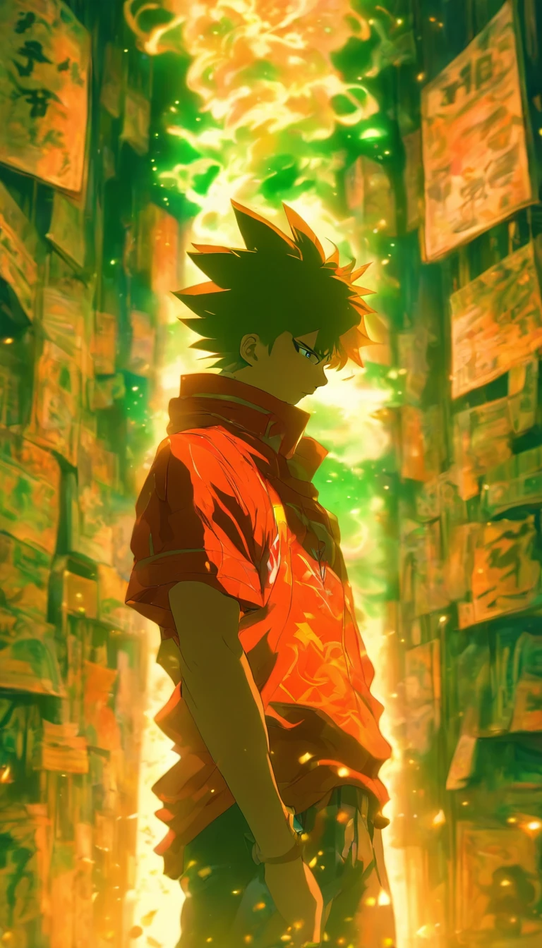 A young man standing in the center of a room, about to speak but suddenly stopping with a serious expression, looking at a communication jade slip in his hand that shows a new message notification, the atmosphere in the room becomes tense, and his mood also cools down, ,32k, best quality, masterpiece, super detail, high details by Jidaimono Anime Style