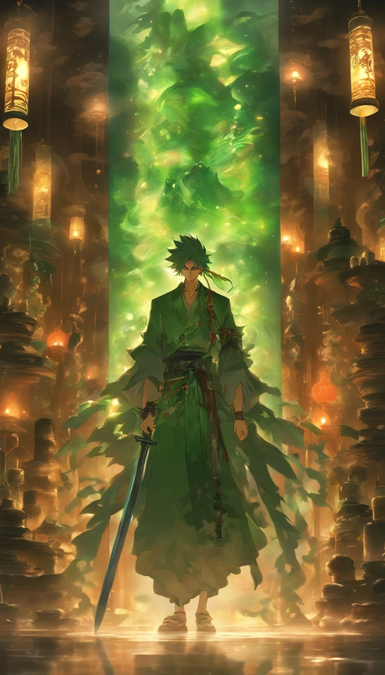 A tall man standing in a dimly lit room, holding a communication jade slip, surrounded by a mysterious atmosphere, with various talismans and swords hanging on the walls. ,32k, best quality, masterpiece, super detail, high details by Jidaimono Anime Style