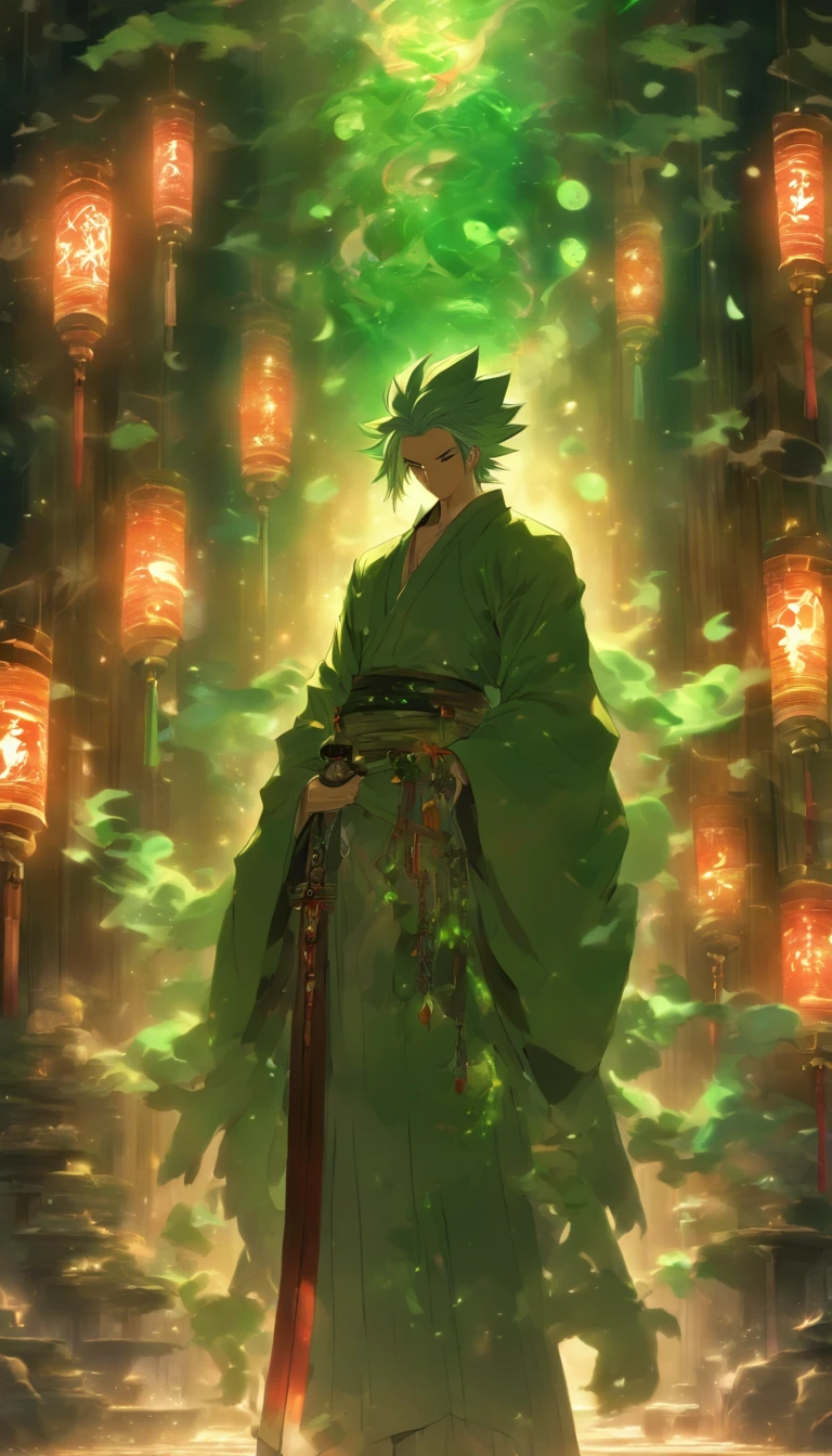 A tall man standing in a dimly lit room, holding a communication jade slip, surrounded by a mysterious atmosphere, with various talismans and swords hanging on the walls. ,32k, best quality, masterpiece, super detail, high details by Jidaimono Anime Style