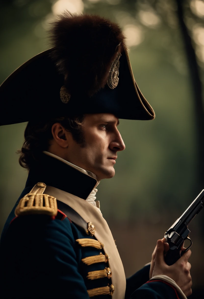 A Napoleon Bonaparte putting a pistol to his head and sad, cinematic