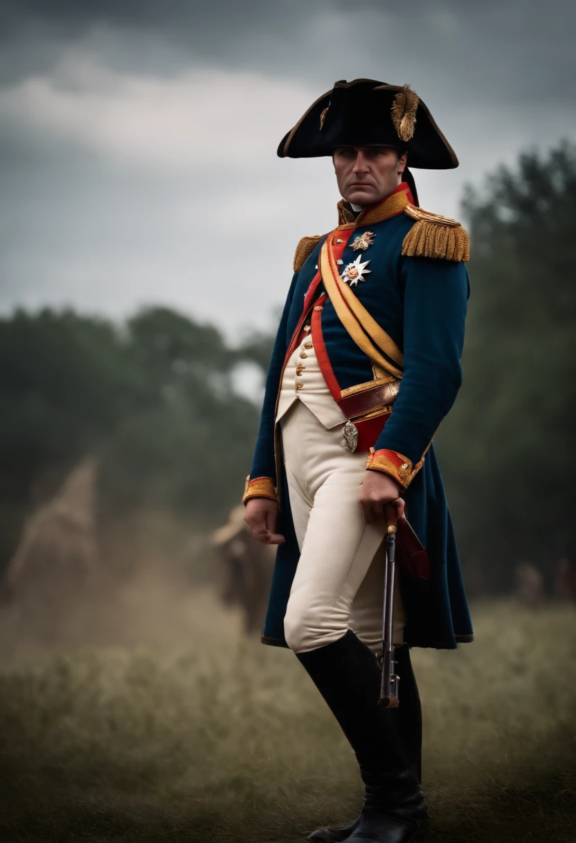 best quality,ultra-detailed,realistic:1.37,Napoleon Bonapart,1man,standing tall,confidently addressing his army in the battlefield,military uniform,ornate golden epaulettes,shiny brass buttons,red and blue sash across his chest,elaborate hat with a feather,proud,authoritative stance,magnificent scenery,rolling hills in the background,sun shining brightly,casting a warm golden glow,thousands of soldiers standing in formation,uniformly dressed,swords and muskets at their side,determined expressions,spotlessly clean battlefield,no sign of destruction or wear,clear blue sky,fluffy white clouds,history in the making,painting-like quality,rich colors and textures,impeccable attention to detail,portrait,warfare
