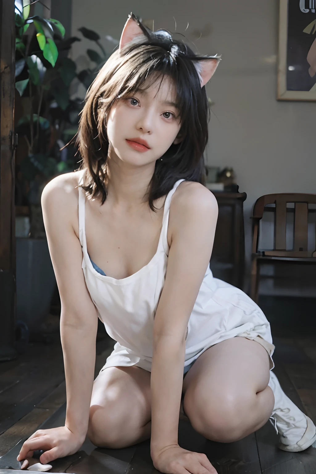 8K,NSFW、(whitish hair) 、White hair、Best Quality, masutepiece, Ultra High Resolution, (Realism: 1.4), Original photo, Colors inspired by red、(True skin texture: 1.3), (Film grain: 1.3), Beautiful eyes and face details, shorten the head、masutepiece, Best Quality, close up, Full body, Look at the viewer,Blue Ribbon、Bob cut with gray hair、18year old、White cat ears