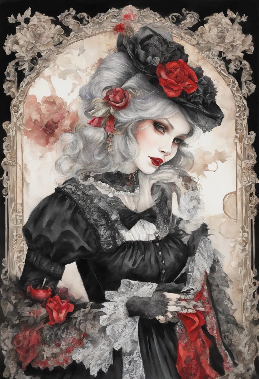 "(Girl in black gothic lolita fashion+rot+blanche),Colorful colors、 The upper part of the body、incredible details, Traditional background of Japan, Magnificent illustrations, Perfect picture quality"