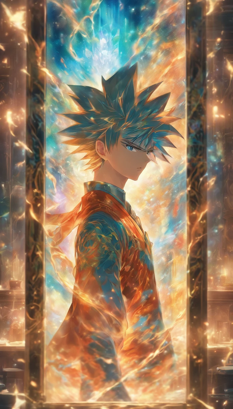 A young man standing in front of a mirror, holding a magic wand, with a system interface displaying options for hidden skills. He exudes a mysterious aura, and the surrounding environment looks very ordinary. ,32k, best quality, masterpiece, super detail, high details by Jidaimono Anime Style