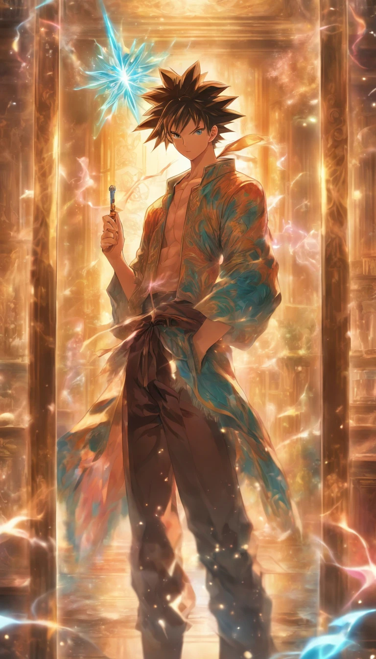 A young man standing in front of a mirror, holding a magic wand, with a system interface displaying options for hidden skills. He exudes a mysterious aura, and the surrounding environment looks very ordinary. ,32k, best quality, masterpiece, super detail, high details by Jidaimono Anime Style