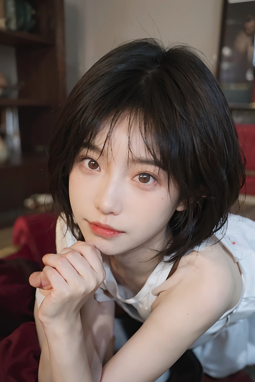 8K,NSFW、(Brown hair)、(bob cuts) 、(Being on all fours)、White hair、Best Quality, masutepiece, Ultra High Resolution, (Realism: 1.4), Original photo, Colors inspired by red、(True skin texture: 1.3), (Film grain: 1.3), Beautiful eyes and face details, shorten the head、masutepiece, Best Quality, close up, Full body, Look at the viewer,Blue Ribbon、18year old、