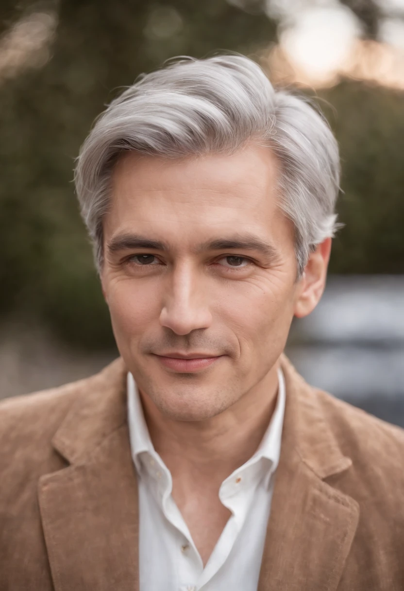 Portrait of handsome man 50 years old round face cinematic appearance、Silver hair、Brown jacket、White button-down shirt、kindly smile、Photography, Male perfection, Black eyes, Hyper realistic, 8K - V 4、50-year-old dandy gentleman、Gentle eyes、Gray hair、Looking straight ahead at the camera、Gentle expression