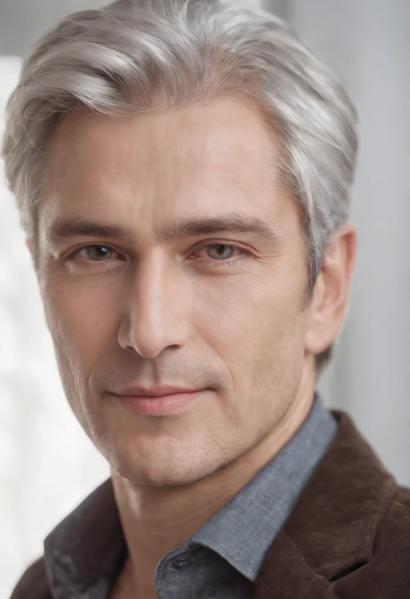 Portrait of handsome man 50 years old round face cinematic appearance、Silver hair、Brown jacket、White button-down shirt、kindly smile、Photography, Male perfection,  Black eyes, Hyper realistic, 8K - V 4、50-year-old dandy gentleman、Gentle eyes、Gray hair、Looking straight ahead at the camera、Gentle expression