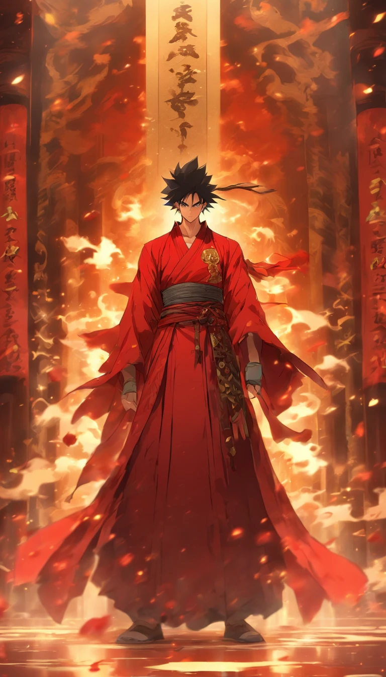 A confident young man standing in front of the grand hall of the Red Robe Sect, holding a large pile of escape talismans, the grand hall exuding a mysterious aura, with a majestic Sword Sect Master inside, ,32k, best quality, masterpiece, super detail, high details by Jidaimono Anime Style