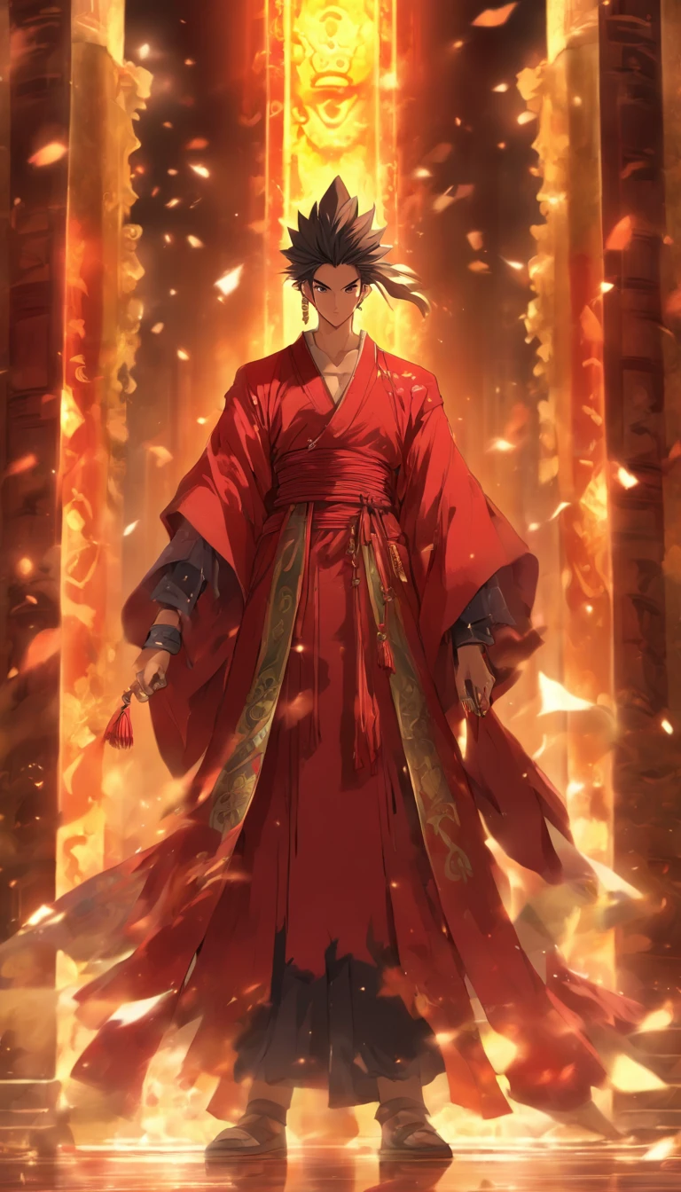 A confident young man standing in front of the grand hall of the Red Robe Sect, holding a large pile of escape talismans, the grand hall exuding a mysterious aura, with a majestic Sword Sect Master inside, ,32k, best quality, masterpiece, super detail, high details by Jidaimono Anime Style