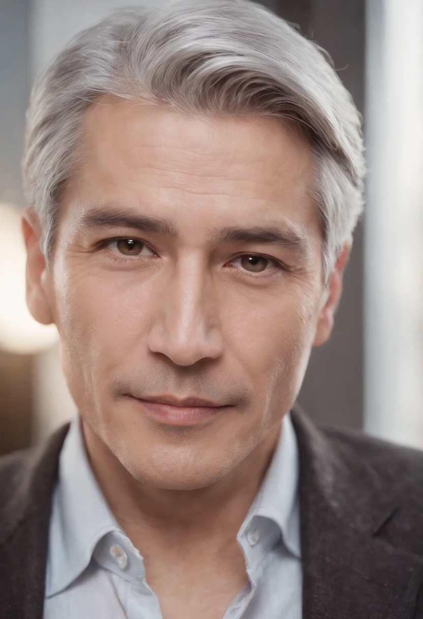 Portrait of handsome man 50 years old round face cinematic appearance、Silver hair、Brown jacket、White button-down shirt、kindly smile、Photography, Male perfection, Black eyes, Hyper realistic, 8K - V 4、50-year-old dandy gentleman、Gentle eyes、Gray hair、Looking straight ahead at the camera、Gentle expression