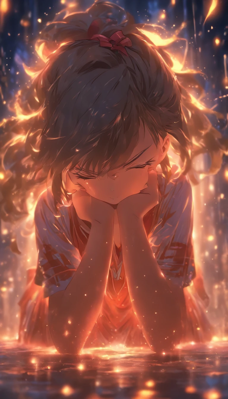 A petite girl bowing her head, sweating profusely on her forehead, surrounded by a dark atmosphere, ,32k, best quality, masterpiece, super detail, high details by Jidaimono Anime Style