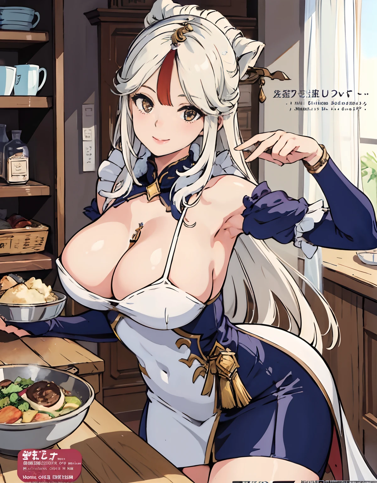 (Best Quality, Masterpiece),sexy mommy, Front cover of a women's cooking magazine, erotic, 18+, nsfw, 1girl, 30 years old, stunning, cute, smile, hourglass figure, Maid costume, beautiful food, text, diagrams, advertisements, magazine title, long white hair,brown detailed sparkling eyes,One strand of hair hangs down over his forehead