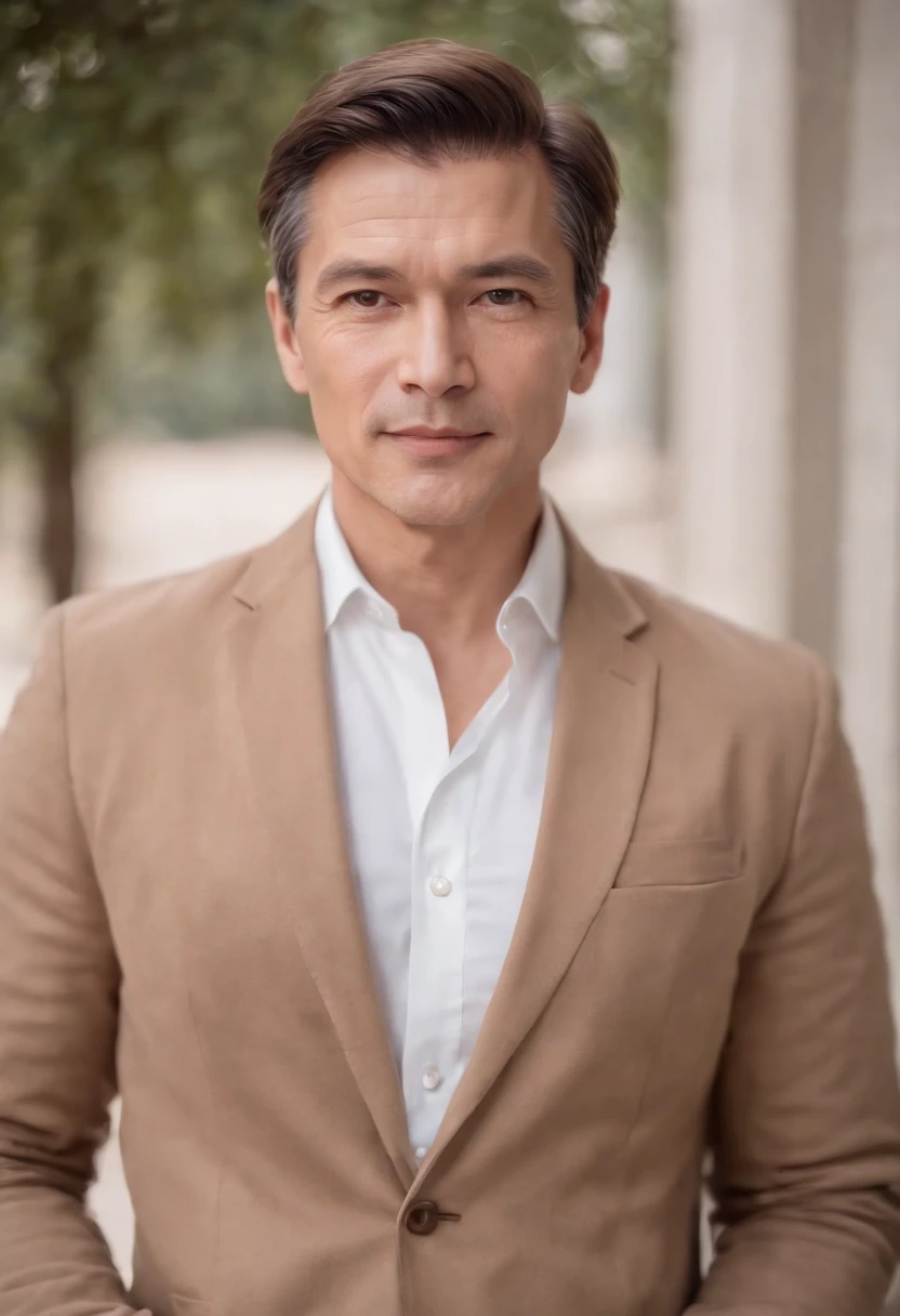 Portrait of handsome man 50 years old round face cinematic appearance、White shirt and jacket、Looking straight ahead at the camera、Gentle expression、Gentle eyes、Brown jacket