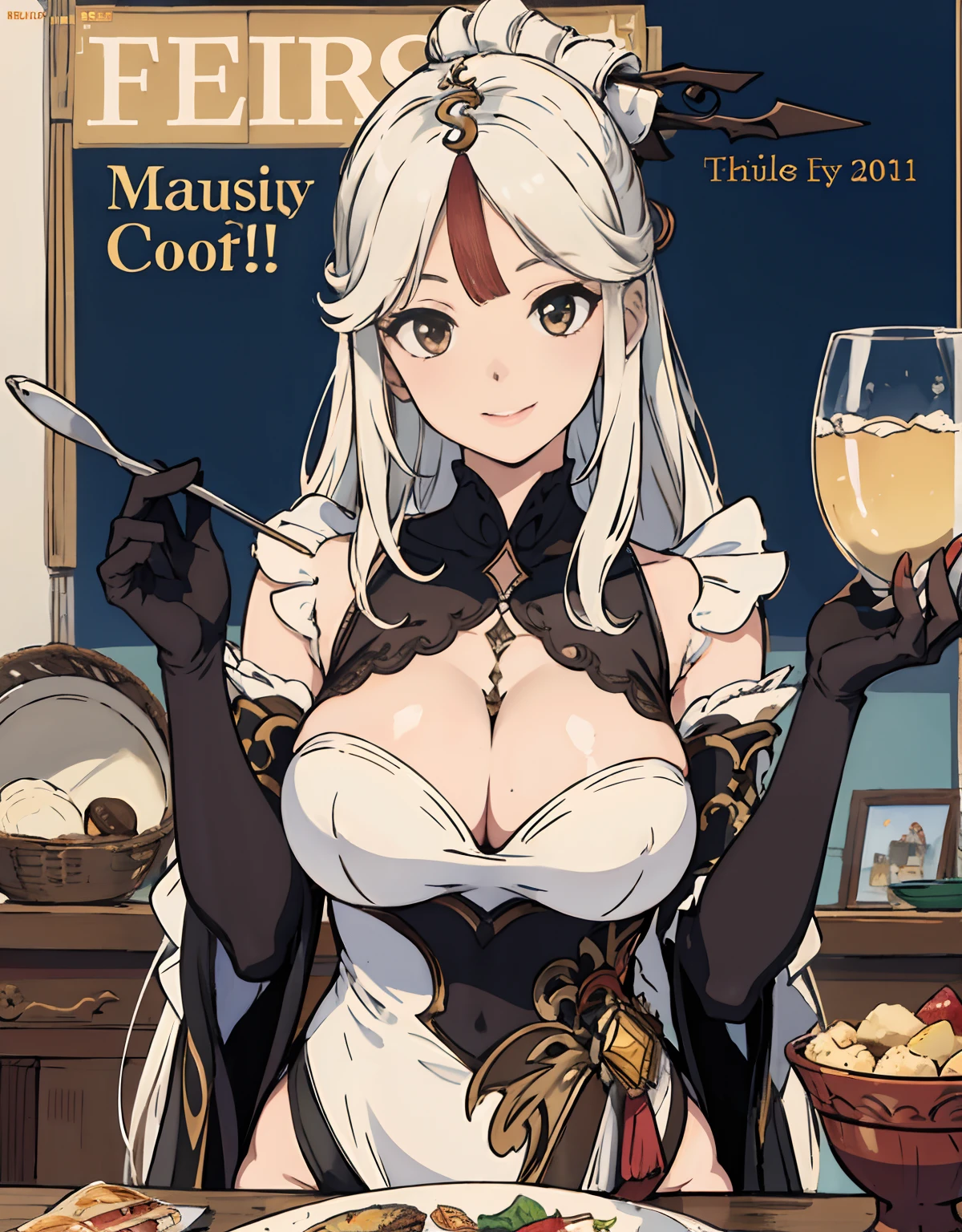 (Best Quality, Masterpiece),sexy mommy, Front cover of a women's cooking magazine,  erotic, 18+, nsfw, 1girl, 30 years old, stunning, cute, smile, hourglass figure, Maid costume, beautiful food, text, diagrams, advertisements, magazine title, long white hair,brown detailed sparkling eyes,One strand of hair hangs down over his forehead