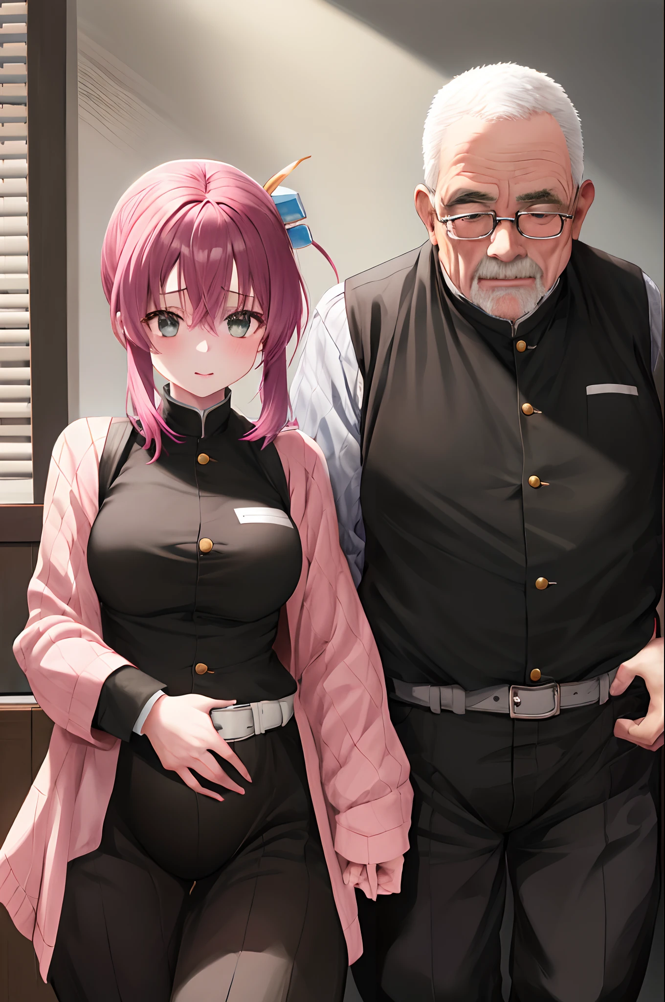 1 girl with old man, parted bangs, black pants, black jacket, long sleeves, belt, cowboy shot, pink hair, cube hair ornament, pregnant, squat, old man abuse girl, 1 girl, 1 old man, 1 girl hand in hand with 1 old man, black old man, ugly bastard old man