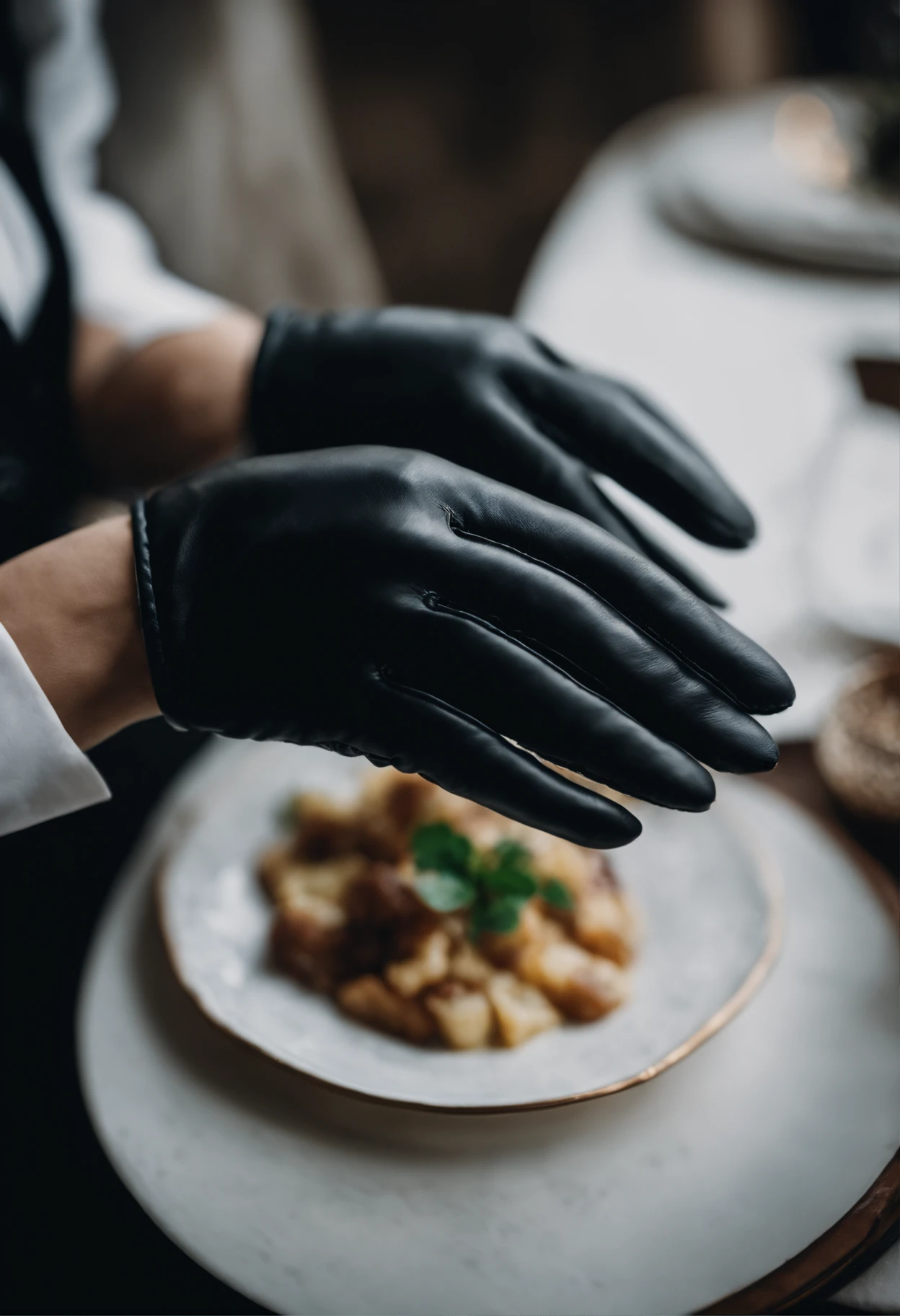 Women's hands wearing black leather gloves in both hands, white blouse sleeves, meals, close-up hands