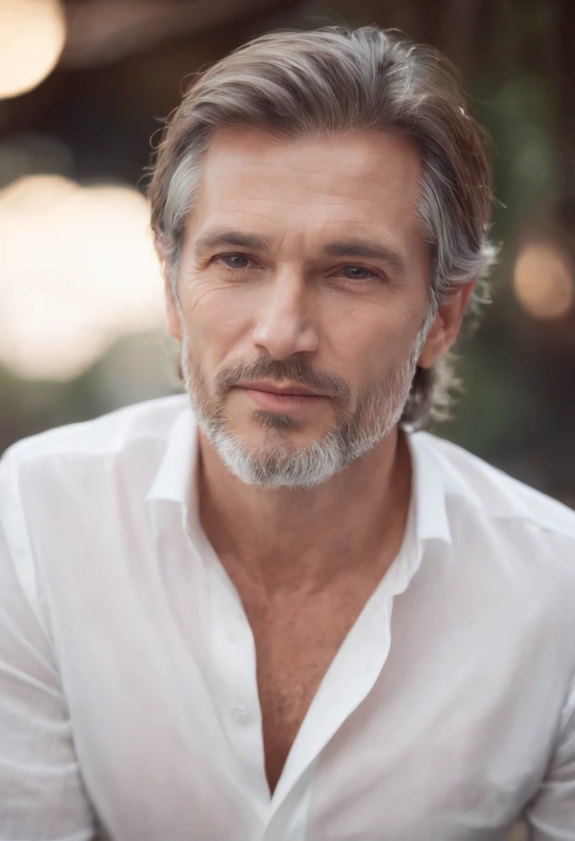 A man with a beard and white shirt sitting down - SeaArt AI