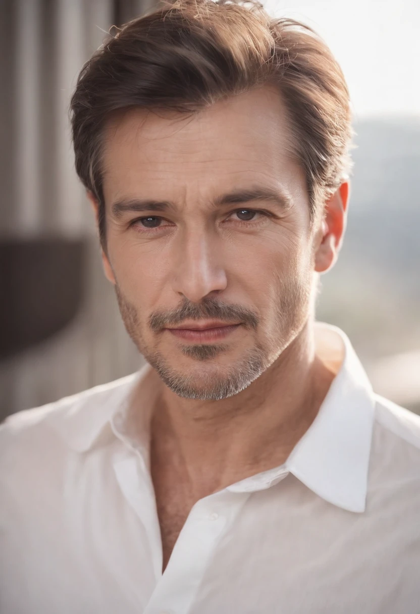 50-year-old boy, White shirt,silky light untidy hair, light beard, looking in camera, Half body,Straight Posing, Perfect Lighting, deepshadow, Best Quality, masutepiece, 超A high resolution, Photorealistic