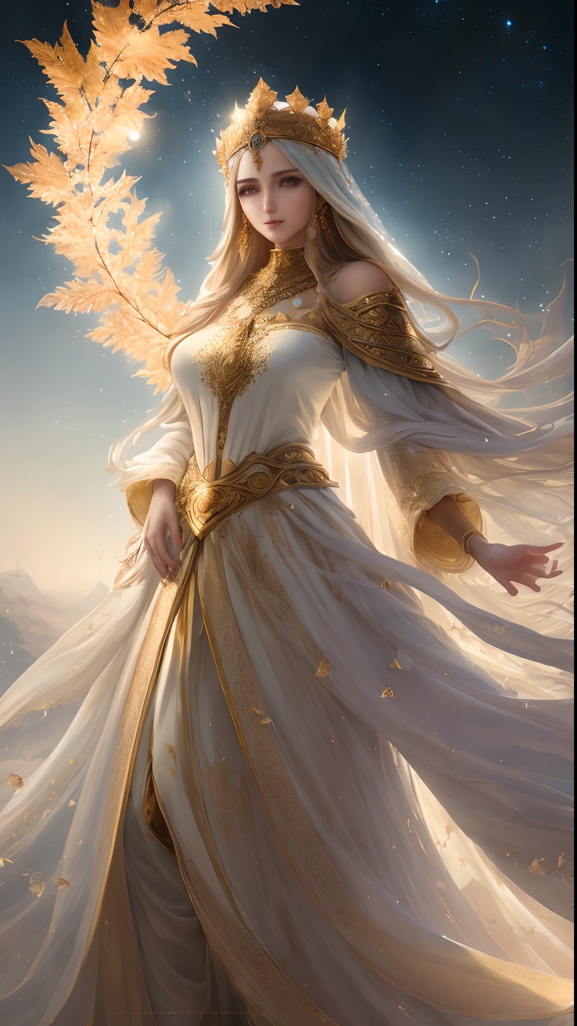 Soft and dreamy 8mm lens portrait of an Arabic dev brama of a universe adorned with a natural crown of gold and leaves and masses, ethereal dress. Soft snow sky. Using 8K High Definition. Art styles Greg Rutkowski , Android Jones , Tamsyn. Intricate dynamic lighting, elegant and highly detailed ultra-realistic, cinematic and octane rendering