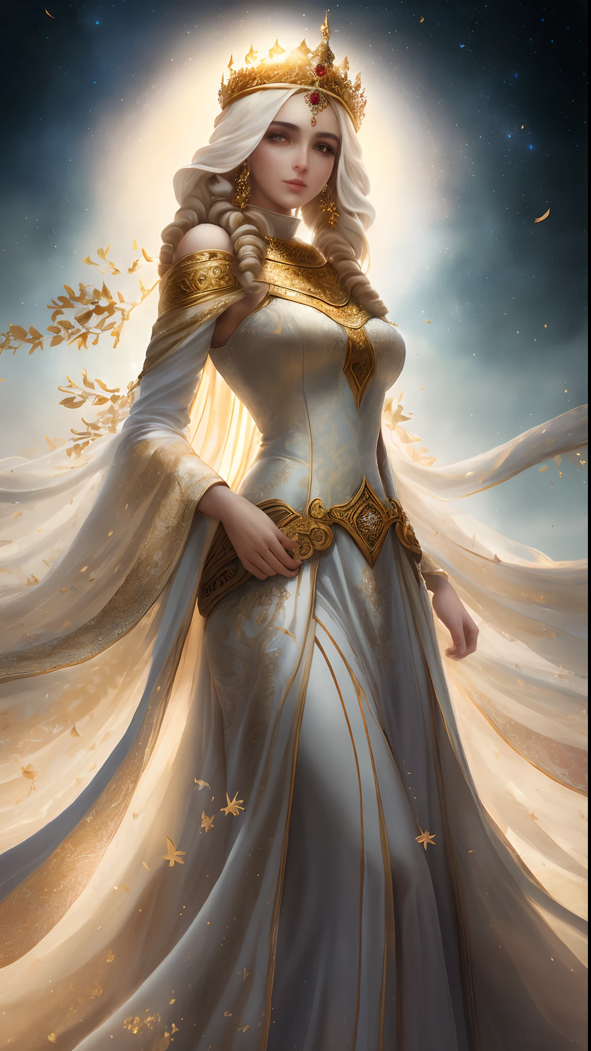 Soft and dreamy 8mm lens portrait of an Arabic dev brama of a universe adorned with a natural crown of gold and leaves and masses, ethereal dress. Soft snow sky. Using 8K High Definition. Art styles Greg Rutkowski , Android Jones , Tamsyn. Intricate dynamic lighting, elegant and highly detailed ultra-realistic, cinematic and octane rendering
