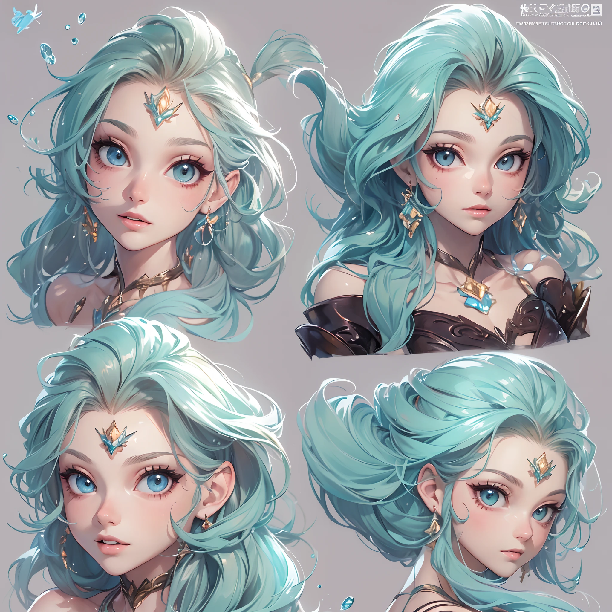 ((Masterpiece, Highest quality)), Detailed face, CharacterDesignSheet， full bodyesbian, Full of details, Multiple poses and expressions, Highly detailed, Depth, Many parts，Beautiful mermaid girl，Human fishtail，estilo fantasia，Extremely beautiful，High Balance, Natural light, Water ripples around